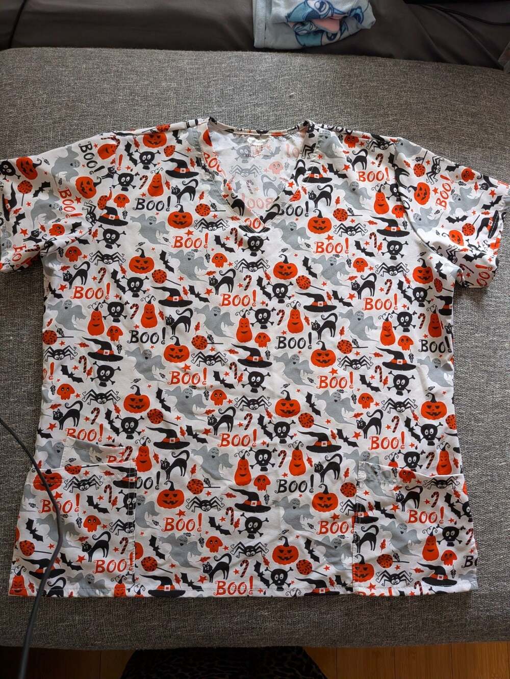 Scrubaid Halloween Pumpkin Ghost Spider V-Neck Scrub Top Plus Size 2XL